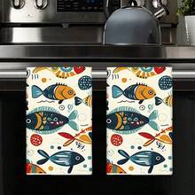1pc/2pcs Contemporary Cartoon Fish Decorative Kitchen Towels, Soft & Absorbent Machine Washable Polyester Dishcloth, Perfect For Kitchen Decor, Cooking.Baking, Holiday Decor & Bathroomssentials, TableDecor, Kitchen Supplies, Home Decoration, New Home Bathroom Housewarming Gift, Kitchen Towels - Multicolor - View 1