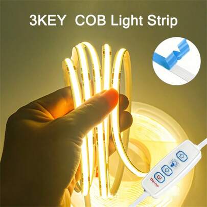 1 pieza Luces de tira LED COB de 5V USB con atenuador de 3 teclas, tira de diodos flexible de color blanco y blanco cálido para habitación, TV, espejo, iluminación interior de muebles