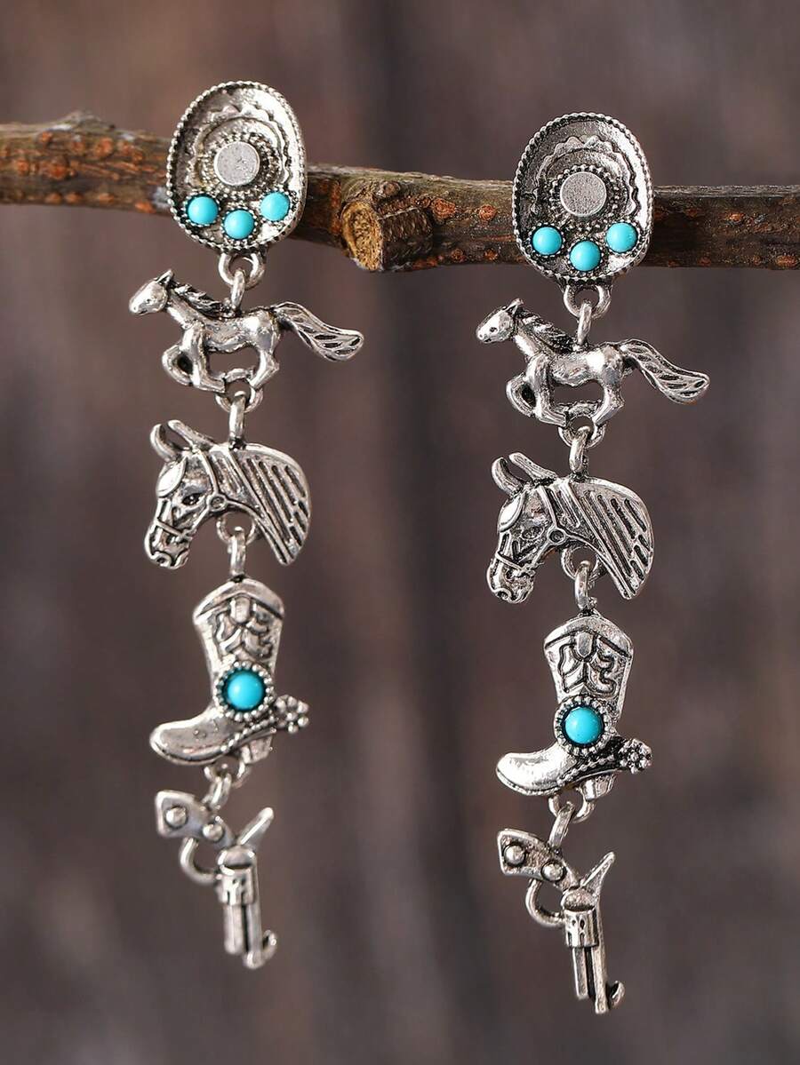 Bộ 2 món phụ kiện kim loại bạc phong cách Boho: Mũ cao bồi cổ điển, ủng cao bồi và súng lục, thích hợp cho lễ hội âm nhạc, phong cách đường phố và tiệc tùng. - Nhiều màu - Xem 1