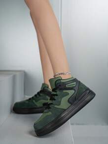 Women's Casual High-Top Sneakers With Anti-Slip Thick Sole, Breathable Comfort Outdoor Light-Weight Street Party Military Green Jogger Shoes