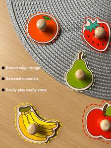 1pc Cartoon Wooden Jigsaw Puzzle Toy, Shape Matching Board, 3D Jigsaw Cognitive Game, Fruits, Animals, Vehicles Patterns, Colors Bright, Montessori Educational Toys, For Preschooler, Students, Teacher Supplies - Apricot - View 3