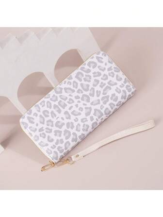 新款女式豹纹长款钱包大容量手拿包时尚拉链零钱包带多个卡位女士钱包迷你钱包钱包腕带钱包