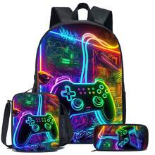 3pcs Gaming Theme Backpack Set (Black/Neon/Colorful), Including Messenger Bag, Pencil Case And Pouch - Durable Polyester Material, Lightweight And Fashionable, Mixed Color Design