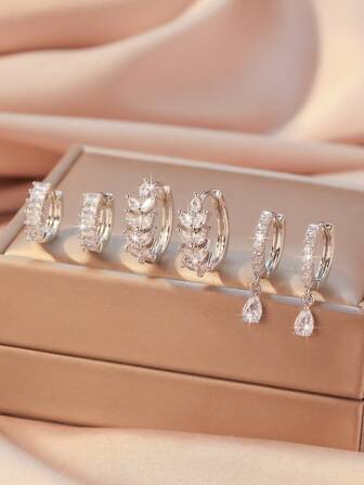 6pcs/Set Copper Zirconia Stone Minimalist Elegant Earrings Set, Multi-Element Earrings Hoops Fashion Versatile Jewelry Gift For Mother's Day