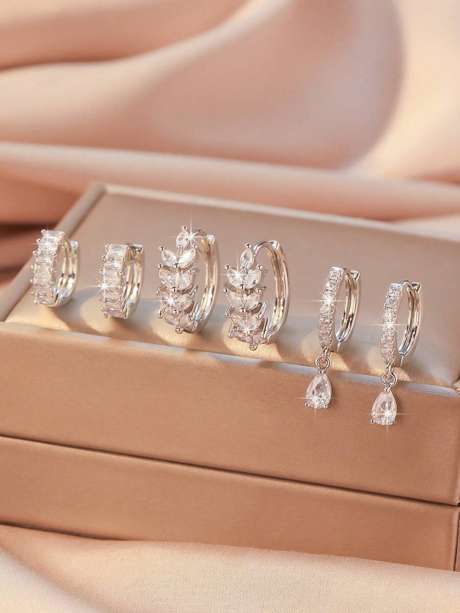6pcs/Set Copper Zirconia Stone Minimalist Elegant Earrings Set, Multi-Element Earrings Hoops Fashion Versatile Jewelry Gift For Mother's Day