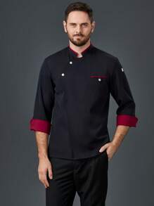 New Custom Diagonal Double Buckle Color Block Fashion Black Chef Uniform, Unisex Long Sleeve, Suitable For Autumn/Winter, Premium Quality For Hotel, Western Restaurant, Fast Food Shop, Cafe, Bakery, Breathable, Wrinkle-Resistant, Stand Collar Design, Stretchy Fabric, Loose Fit