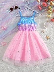 Girls Ombre Fish Scale Print Camisole Top Patchwork Moon & Star Mesh Hem Midi Dress, With Cross-Body Bag, Fashionable & Cute, Suitable For Outings, Parties, Vacations, Summer - Pink - View 2