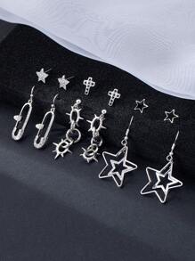 6 Pairs Gothic Star Rhinestone Cross Skull Hollow Thorn Interlocking Circle Star Brooch Set, Fashionable Creative Party Accessories