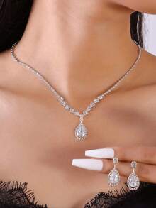 3 PiecesFull Diamond Jewelry Necklace Earring Set, Women's Daily Banquet, Wedding Accessories - Silver White - View 6