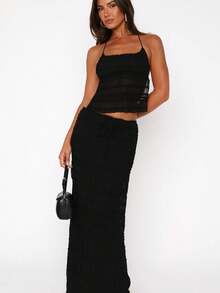 Women 2-Piece Summer Outfits Solid Color Backless Halter Tops And Drawstring Skirt Set For Streetwear Aesthetic Clothes - Black - View 3