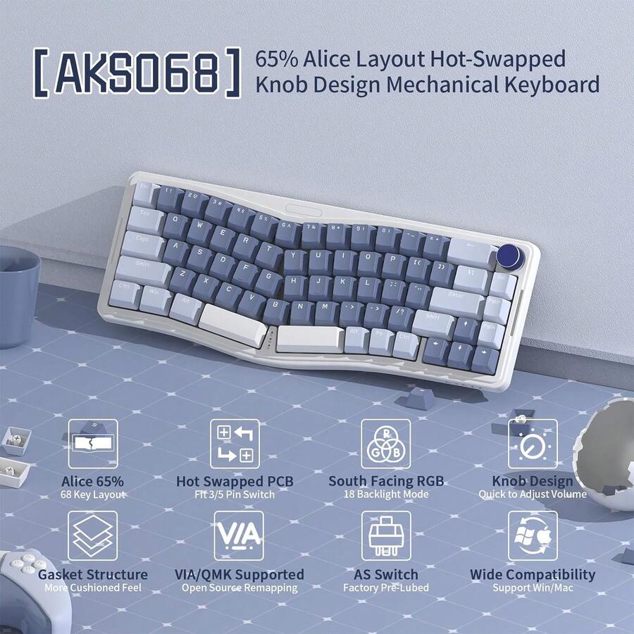 AKS068 Alice 60% Mechanische Gaming Tastatur, USB-C Kabelgebundene Apex Pro Mini RGB Keyboard, Gasket Mount, Drehknopf, VIA-Programmierbar, Hot Swappable Taktil Schalter, PC/M A C/QWERTY - Blau/Rot-Schalter - Übersicht 1