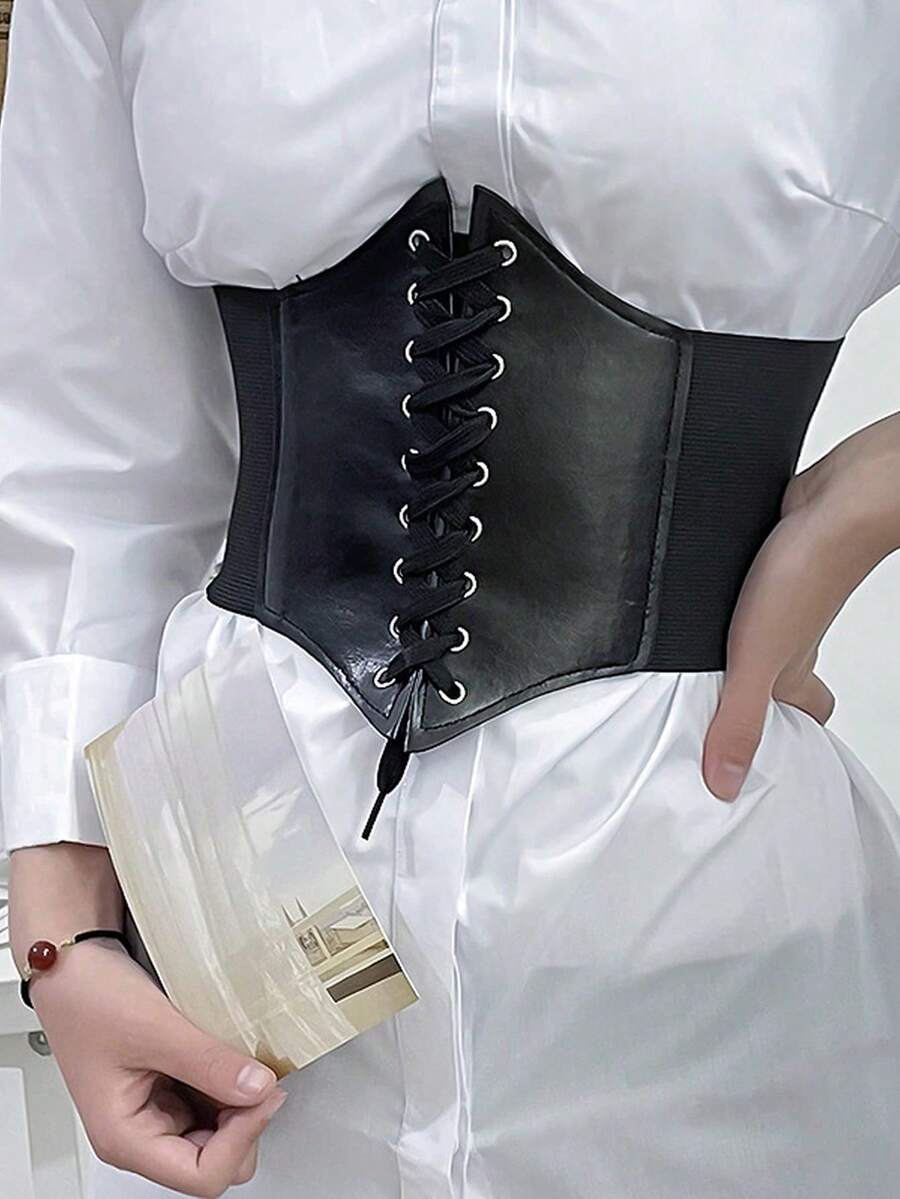 2 件装女式松紧腰带装饰连衣裙，收腰，时尚黑色紧身胸衣 - 2pcs(黑+黑) - 查看 1