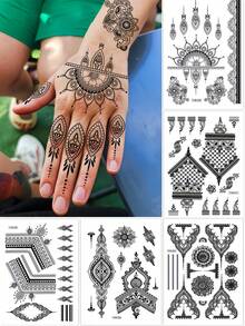 5 张黑色指甲花纹身指甲花临时纹身成人曼海蒂曼荼罗花手部纹身大号防水假珠宝纹身贴纸婚礼 - 黑色 - 查看 8