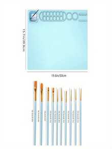 1 Set 20x16 Inch Silicone Canvas With Water Cup, Art Craft Mat Includes 10 Paint Brushes, Green, Pink, Blue - Multicolor - View 4