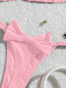 Sporty Swimsuit, Suitable For Various Occasions From Pool To Beach In Summer, Basic Sexy Bikini With Big Bow Decor Beach Outfit - Pink - View 5