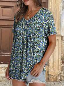 Plus Size Casual Floral Print T-Shirt, Vacation Style - Green - View 4