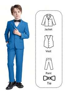 Boys Suits 4-Pieces Suit Set Toddler Tuxedos Dresswear Ring Bearer Outfit Wedding Blazer Vest Pants Tie Formal Suits For Kids Lake Blue Size 6-14Y