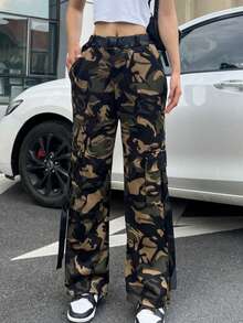 1 Pc Women's Casual Camo Lace-Up Multi-Pocket Outdoor Pants, Cargo Trousers - Multicolor - View 3