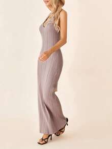 Women Knit Dress, Sleeveless Halter Dress Backless Ribbed Solid Summer Long Dress - Khaki - View 7