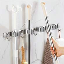 1pc, Mop And Broom Holder Wall Mount, Broom Organizer Storage Tool Racks Stainless Steel Heavy Duty Hooks Self Adhesive Solid Non-Slip For Home Kitchen Garden Laundry Garage