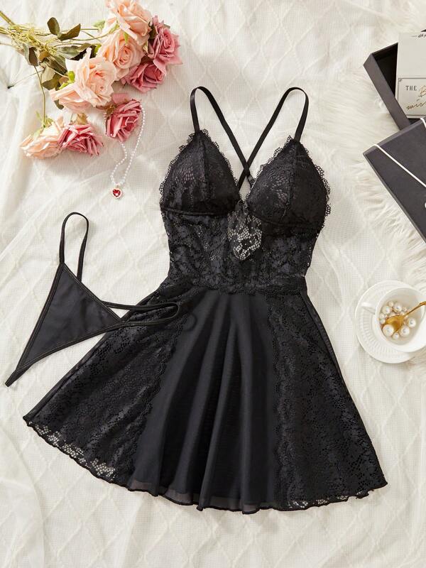Women Floral Lace Criss-Cross Back Mini Dress With Transparent Thigh High Skirt Overlay, Lovely & Elegant For Parties, Casual Outings, Celebrations, Floral Pattern Dress With Pure Fabric, Charming Casual Dress