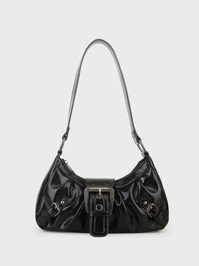 1pc Vintage Milady Distressed Soft Leather Motorcycle Bag For Women, Decorated With Rivets, Buckles, Pleats, Cloud-Shaped, Suitable For Shoulder, Crossbody Or Handheld, For Work, Commute, Date, Party, Etc., Crescent Design, Fashionable Burgundy, Inspired By Femininity