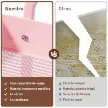 Carrito con ruedas de 3 niveles, carrito utilitario de metal con ruedas, 3 tazas colgantes,4 ganchos, carrito de almacenamiento con ruedas de malla resistente, carrito de manualidades para - Rosa - Ver 7
