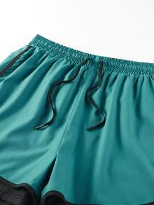 1 件男士二合一运动短裤，松紧腰休闲跑步短裤带衬里，适合春夏季健身、锻炼 - 墨綠色 - 查看 5