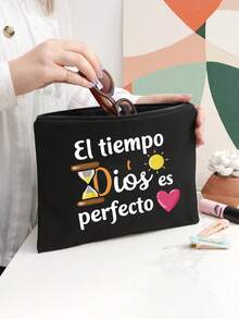 印花帆布手提袋，配黑色收纳袋，印有“El-Tiempo Dios Es Perfecto”字样、彩色太阳和爱心图案，便携休闲收纳手提包，简约旅行收纳袋，大容量旅行化妆包，旅行包 - 黑色 - 查看 8