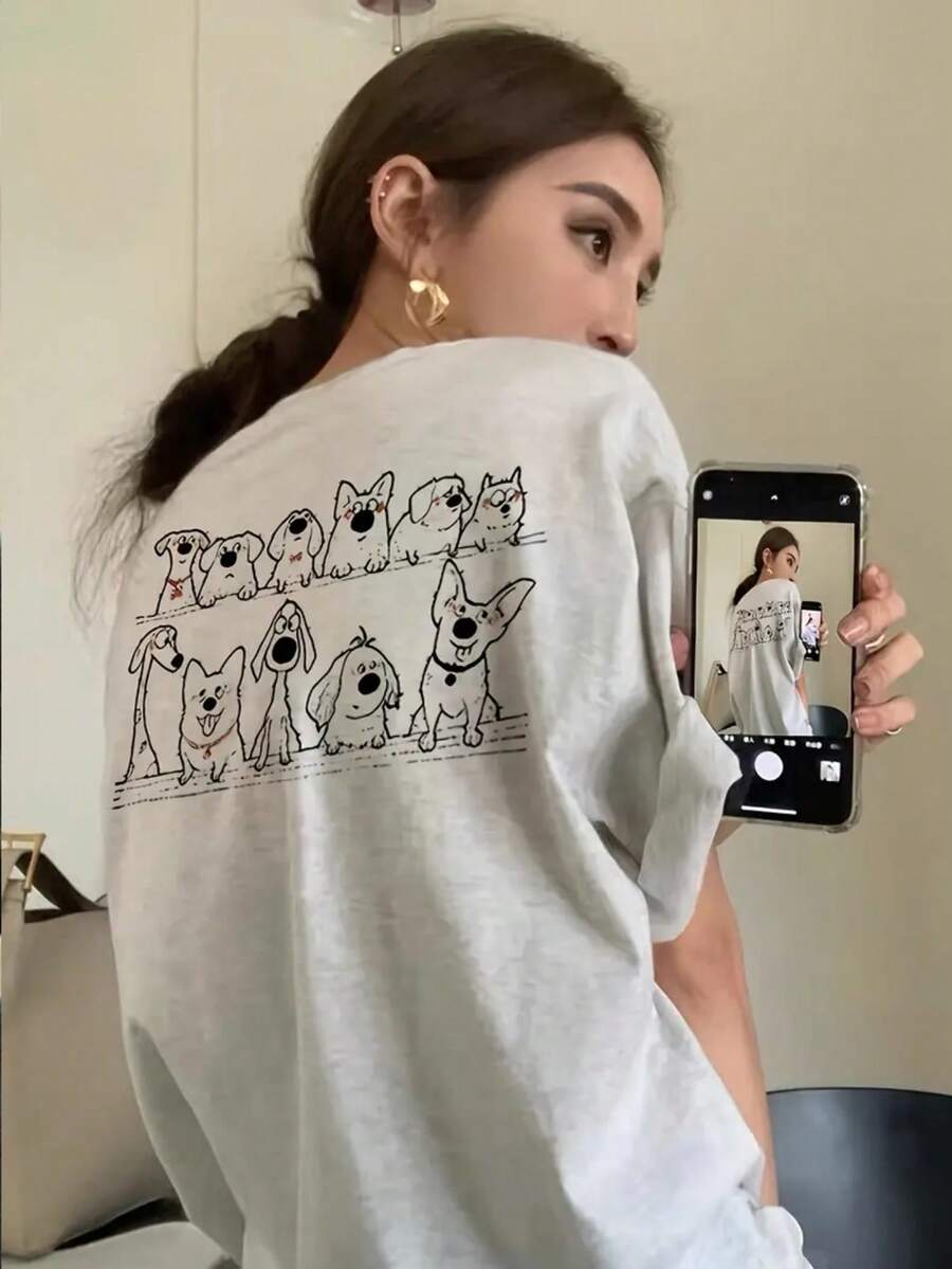 Japanese Style Spring/Summer Round Neck Loose Casual Cute Cartoon Dog Double-Sided Print Short Sleeve T-Shirt - Light Grey - View 1