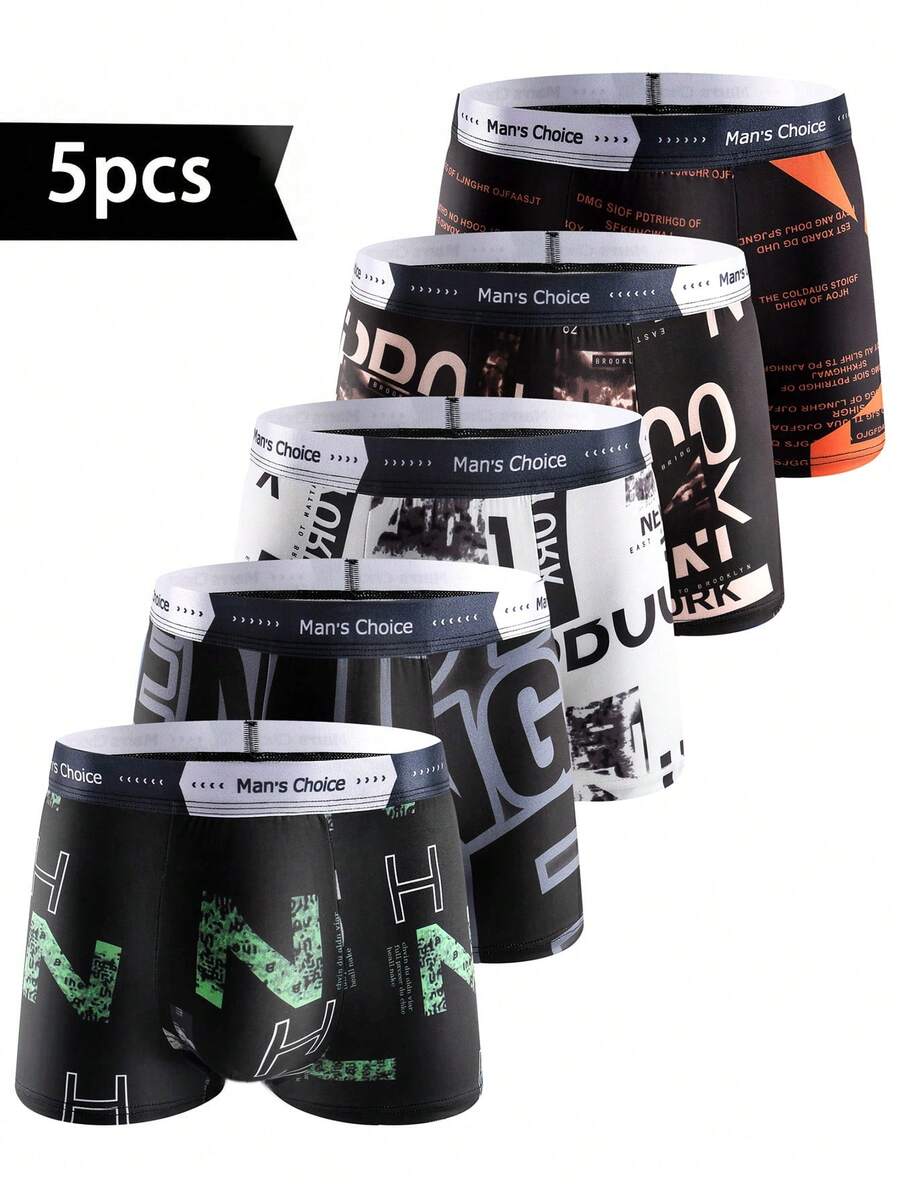 5 Pack Men's Graffiti Print Basic Seamless Boxer Briefs, Summer Shorts Gift - Multicolor - View 1