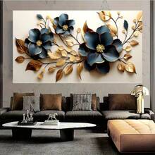 Arte en lienzo sin marco grande - Diseño floral moderno azul y dorado, decoración de pared elegante para sala de estar y dormitorio, decoración de habitación - azul - Ver 3