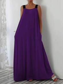 Plus Size Color Block Strap Design Loose Casual Dress (With Pockets)