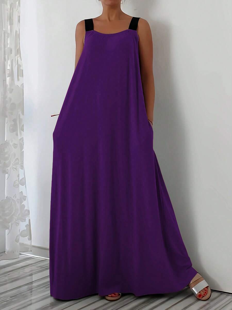 Plus Size Color Block Strap Design Loose Casual Dress (With Pockets)