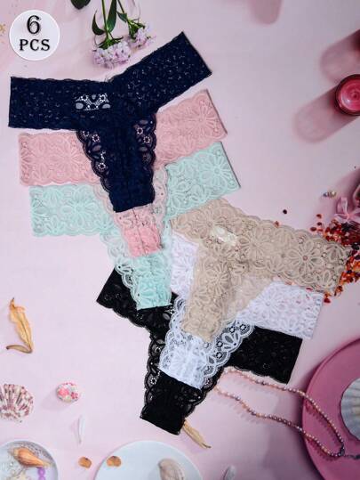 6pcs Sexy Lace Flower Women Thongs