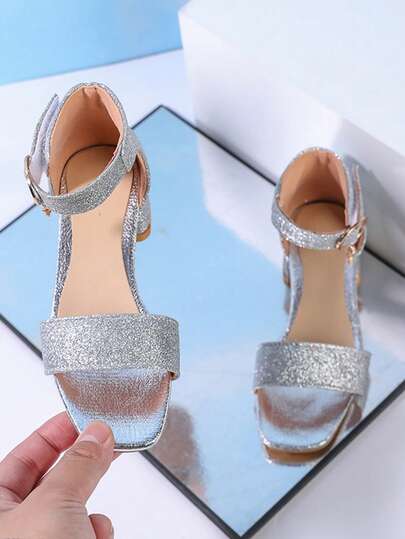 1 双时尚 PU 包头高跟凉鞋，防滑，后盖，水钻装饰，可调节钩环扣公主鞋，适合夏季户外、舞蹈、表演、派对、节日