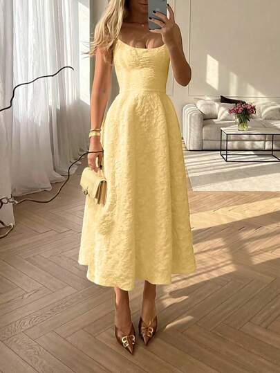 Floreya Sommarbröllop Elegant Enfärgad Fransk High-End Elegant Lätt Formell Klänning, Midjedefinierad Slim Fit Ärmlös Midiklänning, Gul Klänning