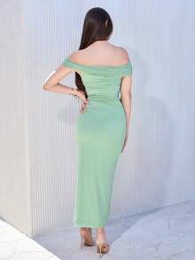 Andrea Bello Off Shoulder Solid Color Elegant Banquet Knitted Dress - Mint Green - View 5