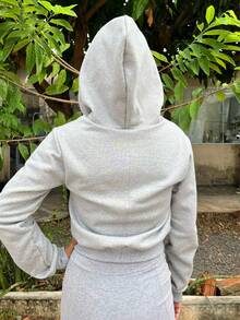 Women's Cropped Sweatshirt Jacket With Zipper And Hood - Light Grey - View 3