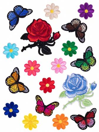 18片红色蝴蝶、小花、玫瑰花图案熨烫贴片，DIY缝纫服装配件，刺绣贴布，适用于衣服、鞋子、包包、帽子等，夏季学校用品。