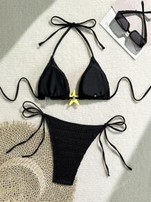 New Arrivals Women Solid Starfish Bikini Swimwear, European & American Style 3-Point Bikini, Solid Color Swimsuit, Elegant Backless Tie-Up Design