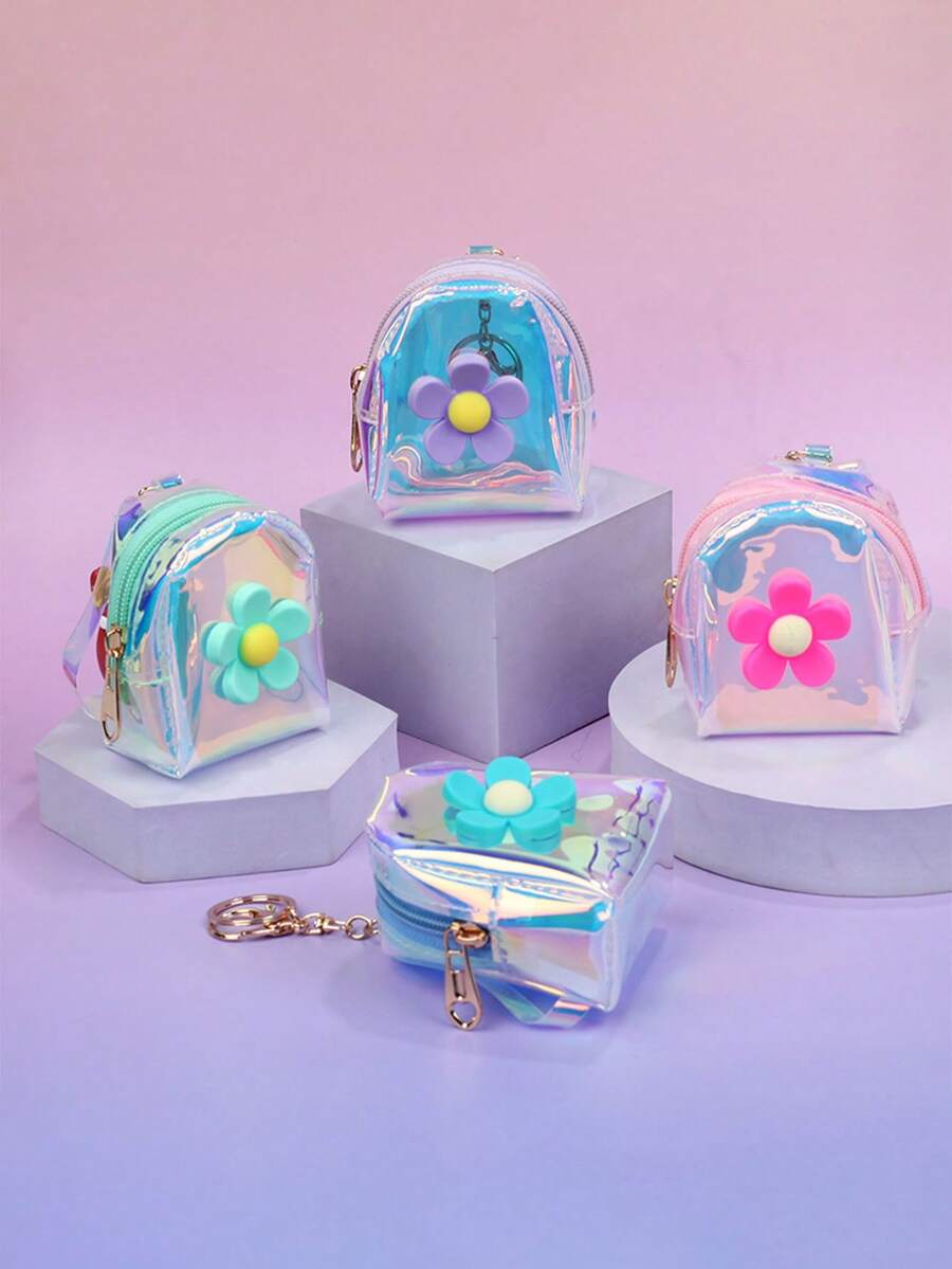 Mini Flower Coin Purse For Kids, Girly Laser Transparent Mini Backpack, Fashion Zipper Pouch - Multicolor - View 1