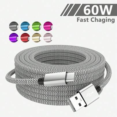 60W USB-A 转 Type-C 快速充电线，USB Type-C 尼龙编织手机充电数据线，兼容三星 Galaxy S26 S25 S24 S23 S22 S21 S10、Note 20 10 9 A51 G8 G7、Pixel、 等手机，支持 USB-C 快速充电