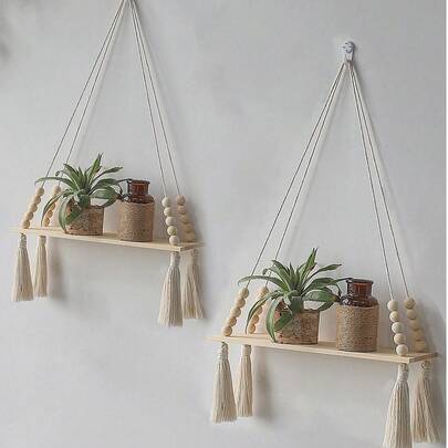 1pc/2pcs Handmade Woven Wall Hanging Storage Rack - Bohemian Style Wooden Wall Mounted Floating Shelf, Decorated With Wooden Beads, Rustic Hanging Plant Rack, Suitable For Bedroom, Living Room, Dorm, Nursery Decor