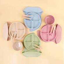 5 pièces/Set Vaisselle en silicone pour bébé, Set d'alimentation: 1 pièce bavoir en silicone, 1 pièce bol escargot en silicone, 1 pièce assiette en silicone, 1 pièce grande cuillère en bois, 1 pièce grande fourchette en bois