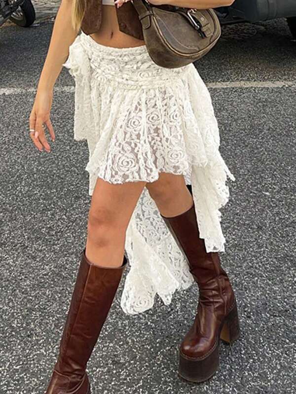 Spitzen-Röcke für Damen im Urlaubsstil, vintage Boho weiße Röcke, frühlingssommer sanft asymmetrische mehrstufige Röcke, Urlaubsmode Fairycore Lässig Mini-Röcke