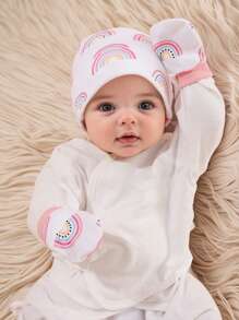 3pcs Set Baby 0-3M Infant Girls Soft Protective Hedging Hat+Gloves 4 Seasons Set, Suitable For Newborn Hospital And Daily Wear