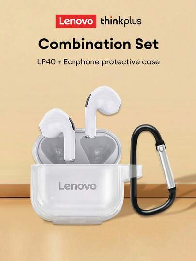 Lenovo 联想LP40蓝牙耳机及透明保护盒套装，半入耳式，运动耳机，低音强劲，高清通话带麦克风，低延迟音乐/游戏，智能触控，超长待机，被动降噪，小巧便携，无线耳塞兼容智能手机和电脑