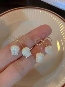 1 par de brincos de tulipa com laço minimalista da moda, brincos elegantes com design exclusivo, adequados para uso diário e festivo feminino, novidades de verão