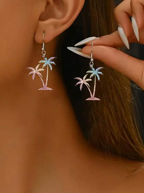 1 Pair Of 2D Flat Acrylic Earrings Stylish Coconut Tree Pendant Earrings Perfect For Everyday Wear And Holiday Jewelry Holiday Gifts For Birthdays